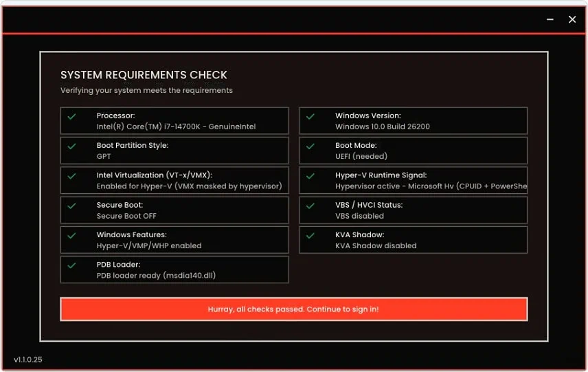 FC27 loader system requirements check, all checks passed