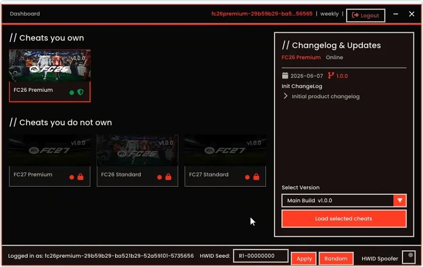 FC27 loader dashboard, select version and load the cheats